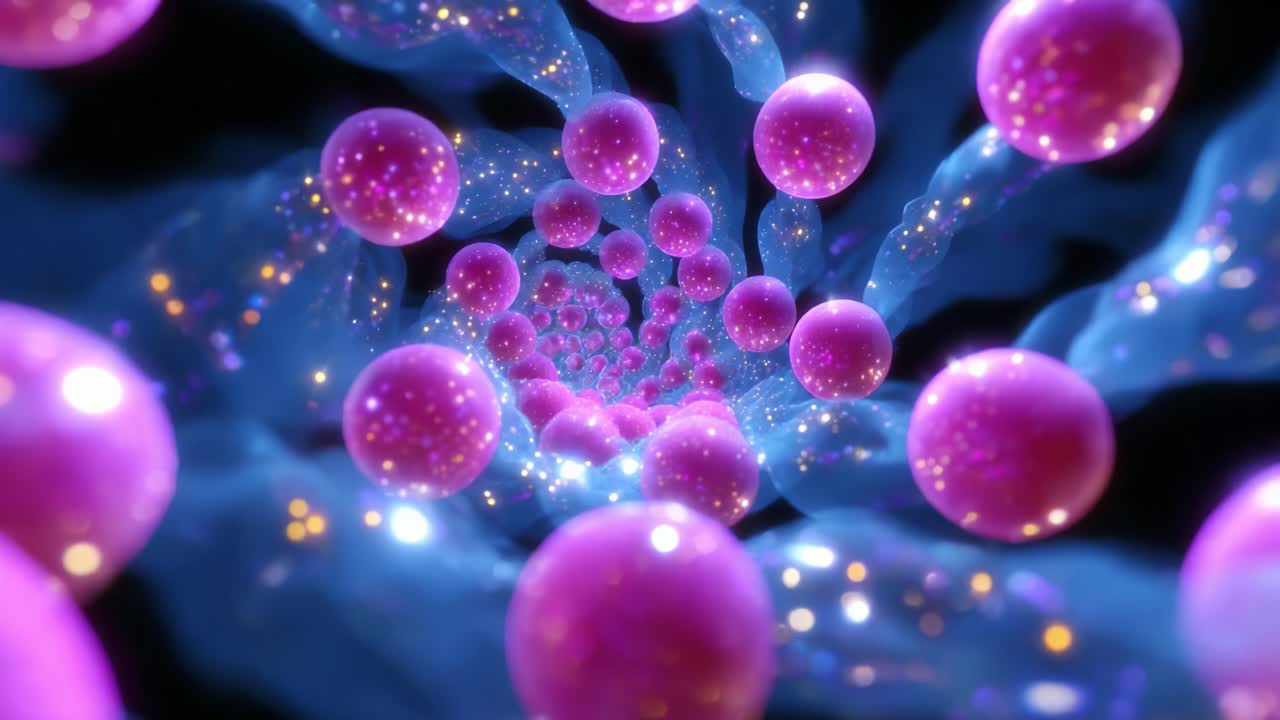 A mesmerizing journey through a fantastical tunnel of vibrant pink spheres glistening with a cosmic radiance, entwined within swirling ethereal strands of deep blue, creating an otherworldly dimension