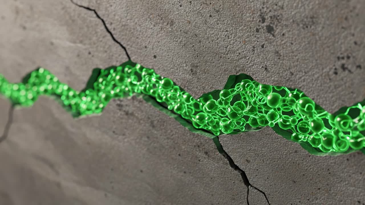 A Vibrant Green Fluid Flowing Through Cracks in a Concrete Surface, Showcasing the Intricate Details of a Textured and Damaged Wall