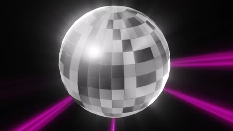 Animation-of-disco-mirror-ball-over-neon-light-trails-on-black-background