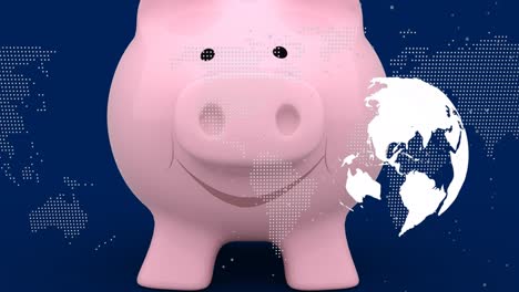 animation of globe and world map over piggy bank on blue background