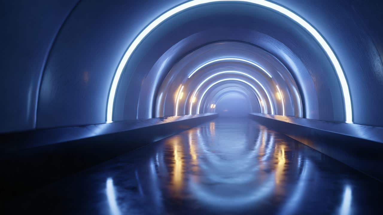 A Visually Striking Tunnel Featuring Symmetrical Patterns of Blue Lighting and Reflective Surface, Creating a Futuristic Atmosphere Ideal for Exploration and Adventure