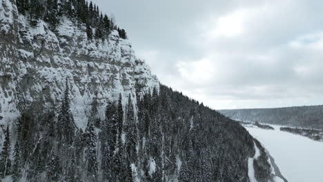 winter landscape with snowy mountain, forest, and river