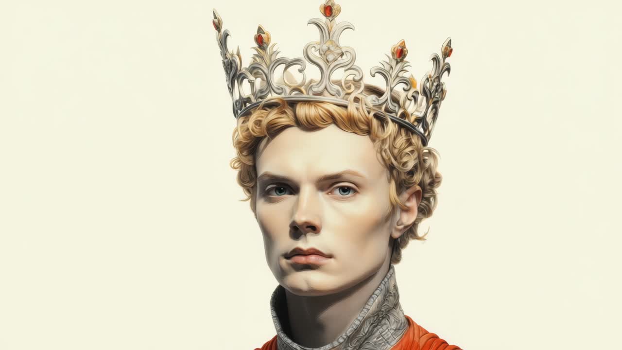 Profile view of a regal figure with a crown, showcasing intricate details