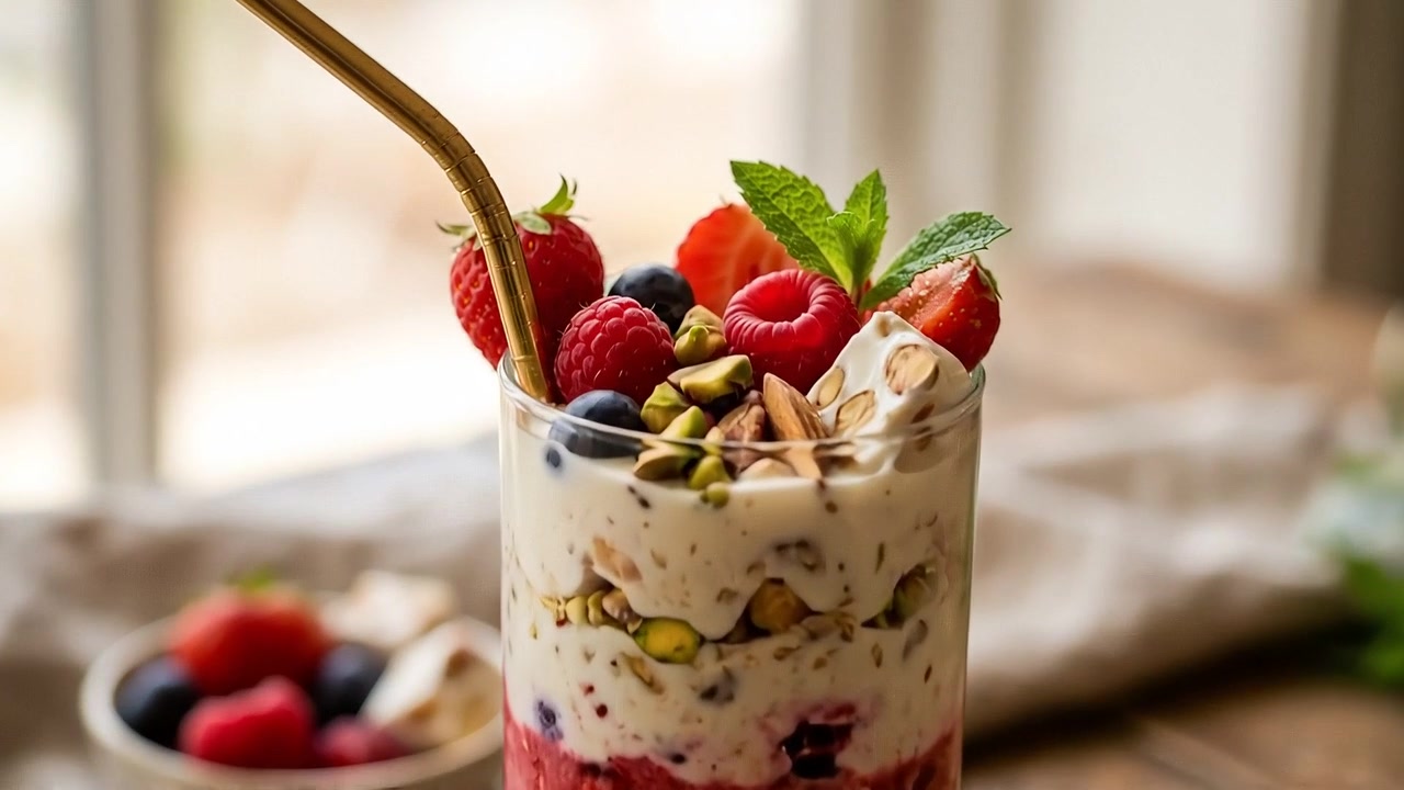 Parfait au yaourt sain, superposé avec du granola et des baies fraîches, dans un verre sur une table