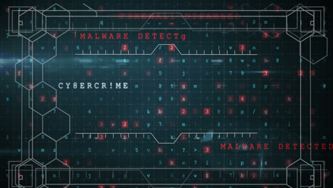 animation of security warning and data processing with network of screens on blue background