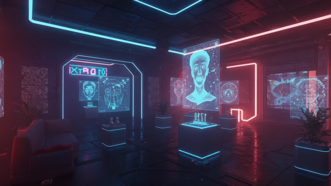 Futuristic Art Gallery: A Vivid Display of Neon Creations and Digital Portraits Captivate Visitors in a Hyp notic Space of Light and Color