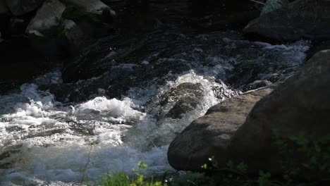 static slow-motion shot of swift stream colliding with a large rock, generating abundant foam