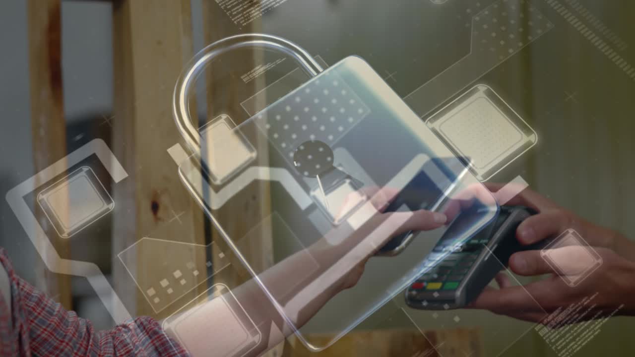 animación del candado de seguridad de la red sobre las personas que utilizan el terminal de pago