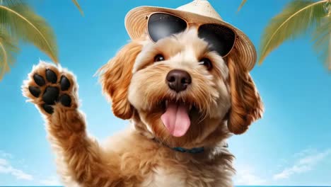 a playful dog wearing sunglasses and a hat waves at the camera. shot from a low angle, the video