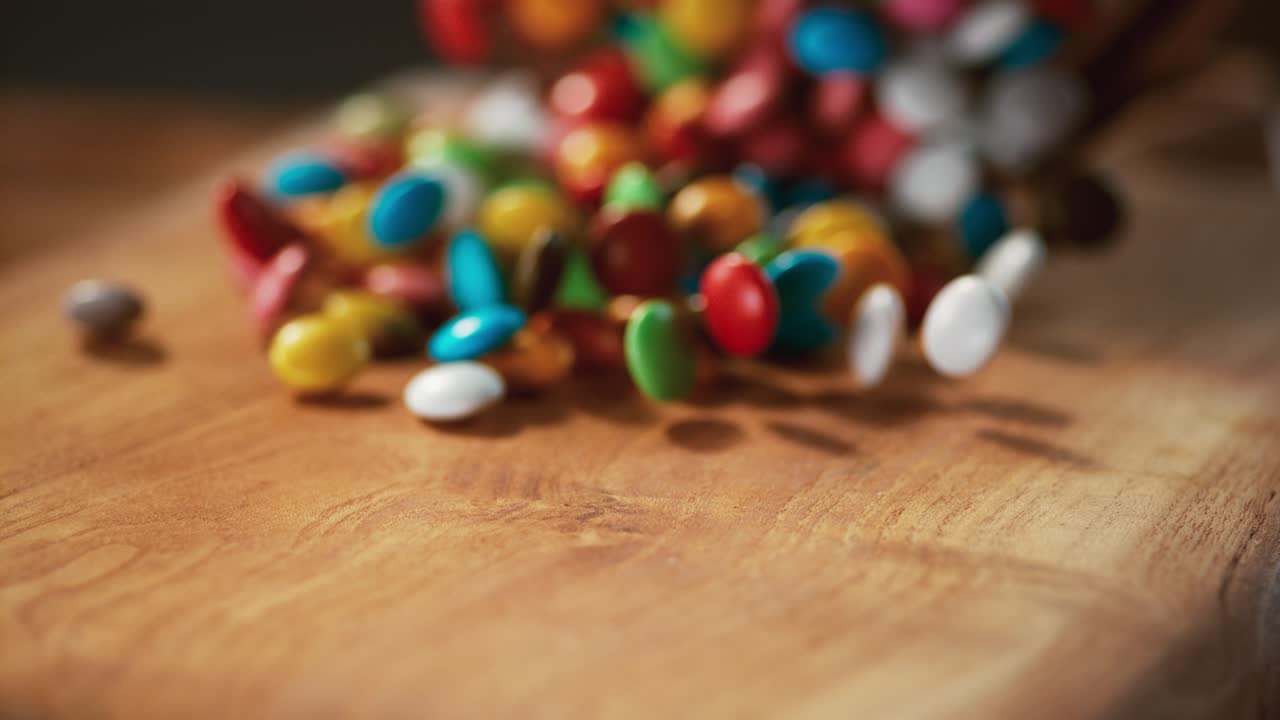 bolas de caramelo multicolores y un piso de árbol pasan delante de la cámara.