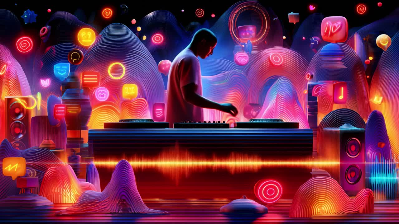 A vibrant digital landscape featuring a DJ immersed in a colorful soundscape surrounded by iconic social media icons and musical elements, creating an engaging atmosphere for music lovers