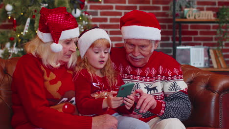 senior family grandparents, granddaughter purchase online christmas gifts on mobile phone, shopping