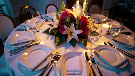 elegant dining table set with floral centerpiece and candlelight