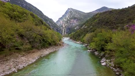 aerial shot of arachthos river greece, rafting canoeing, footage