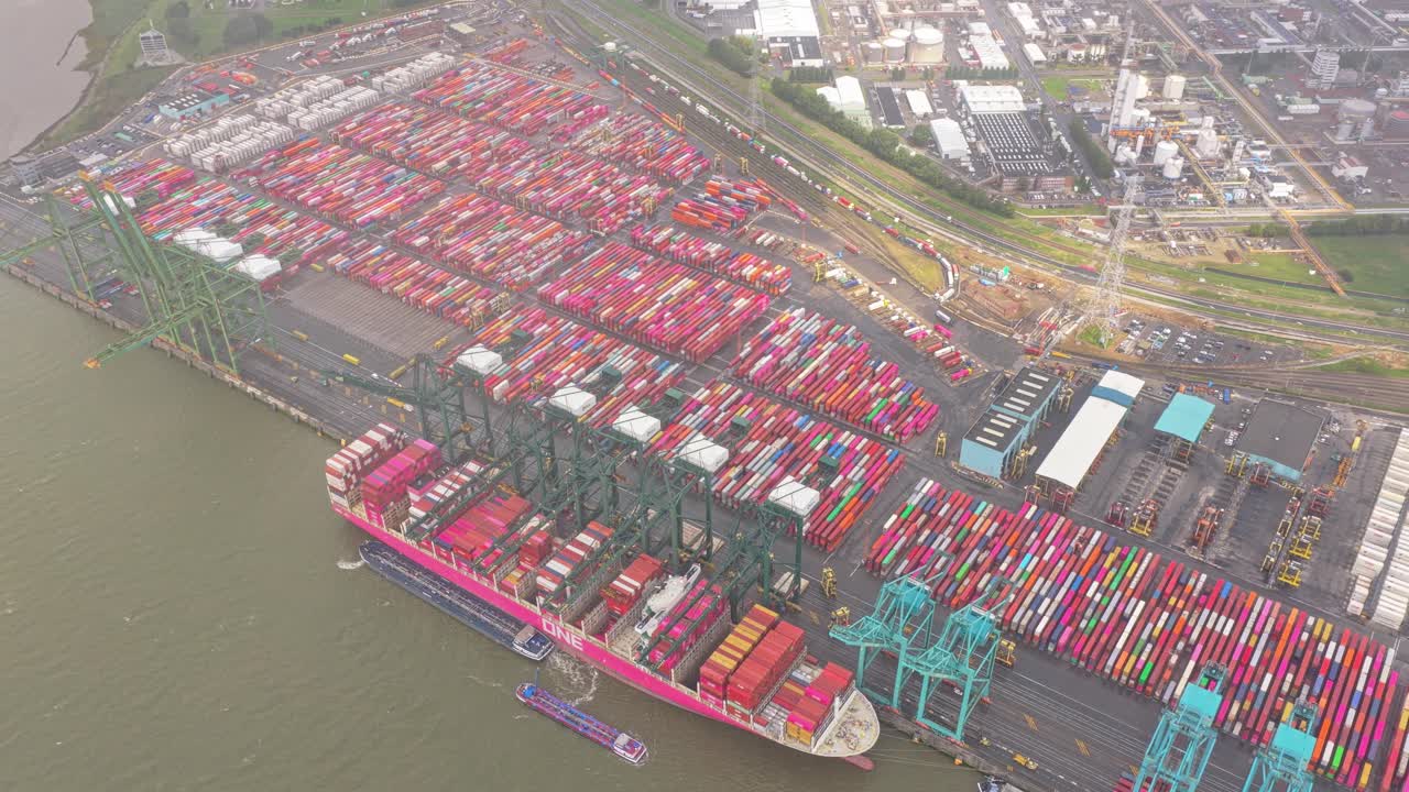 Drone view of Antwerp seaport, logistics and petrochemical industry, Belgium