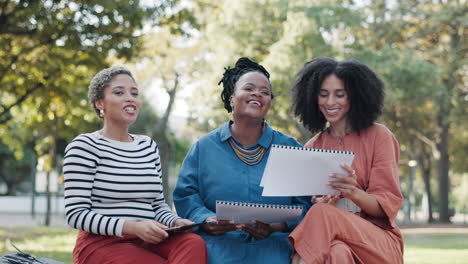 park, documents and women with teamwork