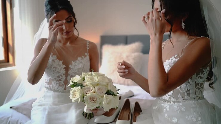 Smoothing bouquet adjusting earrings, two brides in lace gowns veils checking on bed before leaving