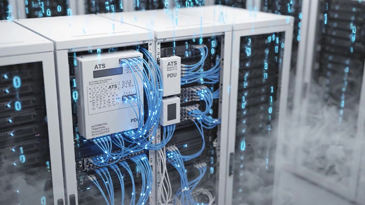Advanced Data Center Infrastructure Featuring ATS and PDU Systems with Complex Cabling, Monitored by Binary Code Streams and Optimized for Connectivity and Performance