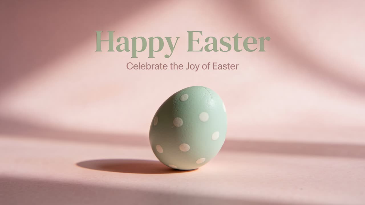 Rotating mint polka-dot egg moving as frames advance on pink backdrop showing Happy Easter text