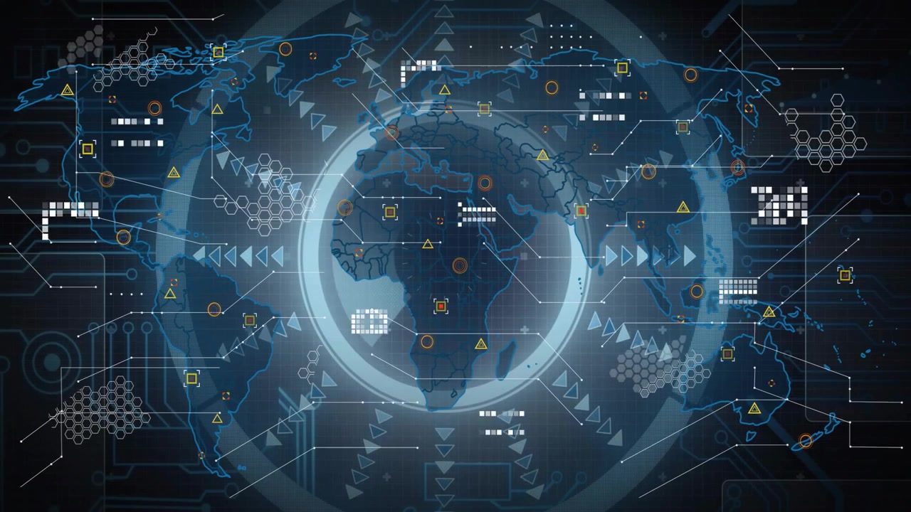 Spinning arrow ring starting globe forming while pulsing lines scanning global data in interface
