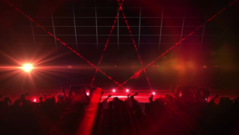 animation of red spotlights moving around with black silhouettes of crowd of people dancing