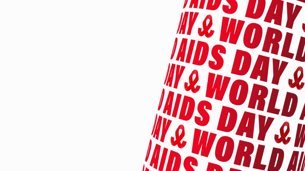World AIDS Day title banner campaign background concept. 4K 3D Seamless loop World AIDS Day 3D cylinder red text animation and red ribbon on white background with copy space for your text or artwork.