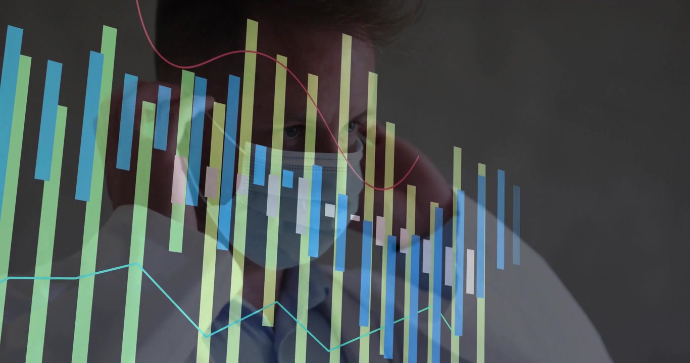 Male researcher wearing lab coat and mask monitoring laboratory data with floating bar charts