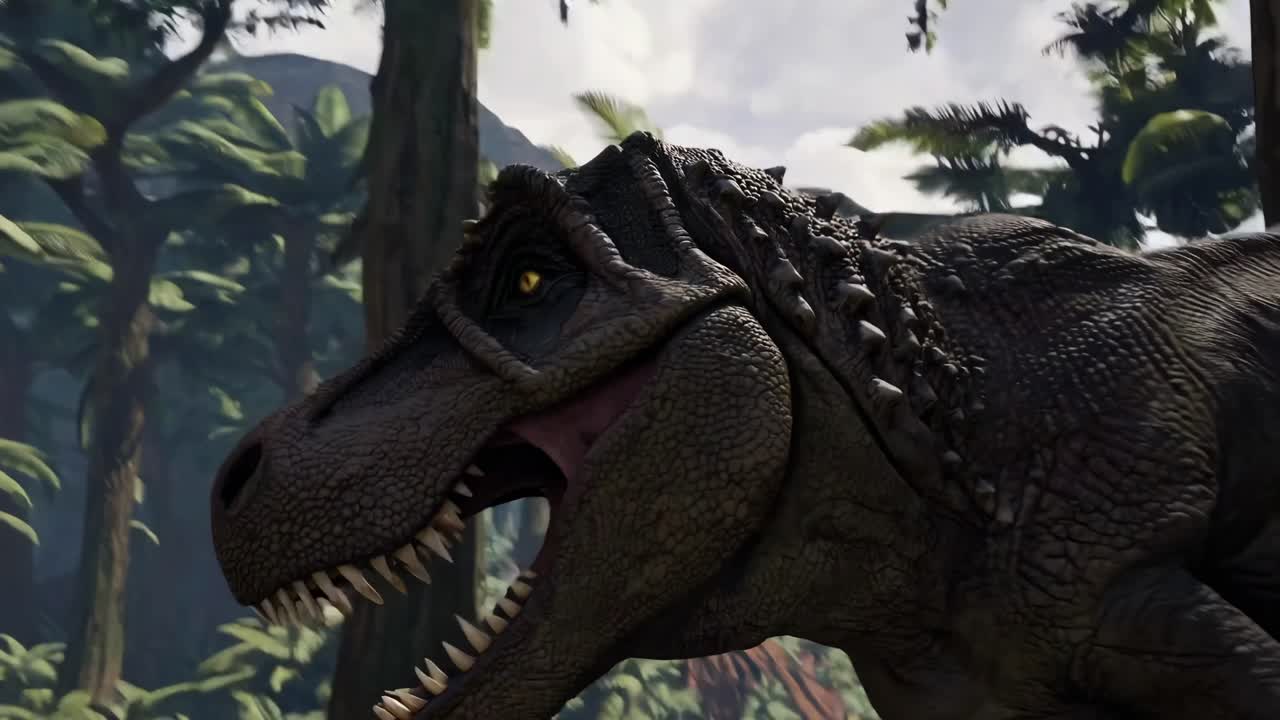 A close-up side view of a realistic T-Rex in a jungle setting, showcasing detailed textures