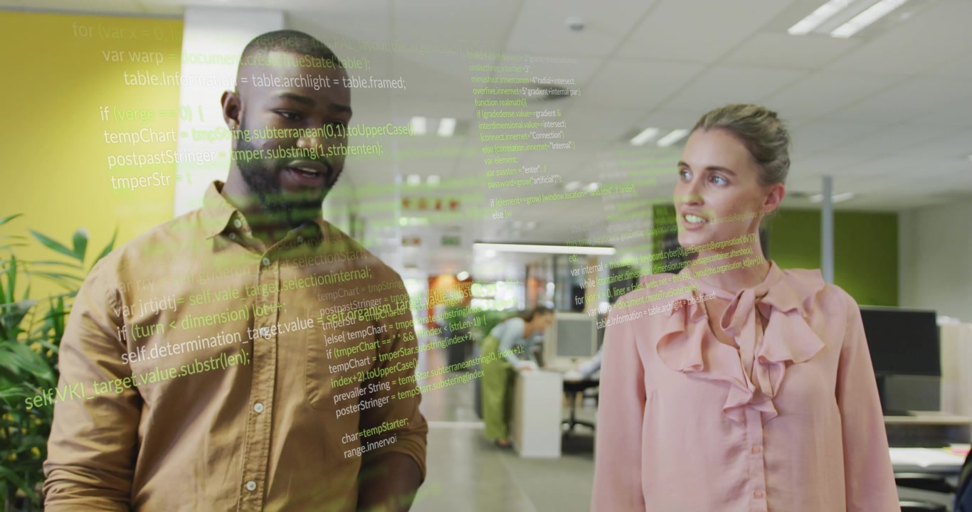 Man glancing at device and woman walking corridor initiating green code overlay showing office data