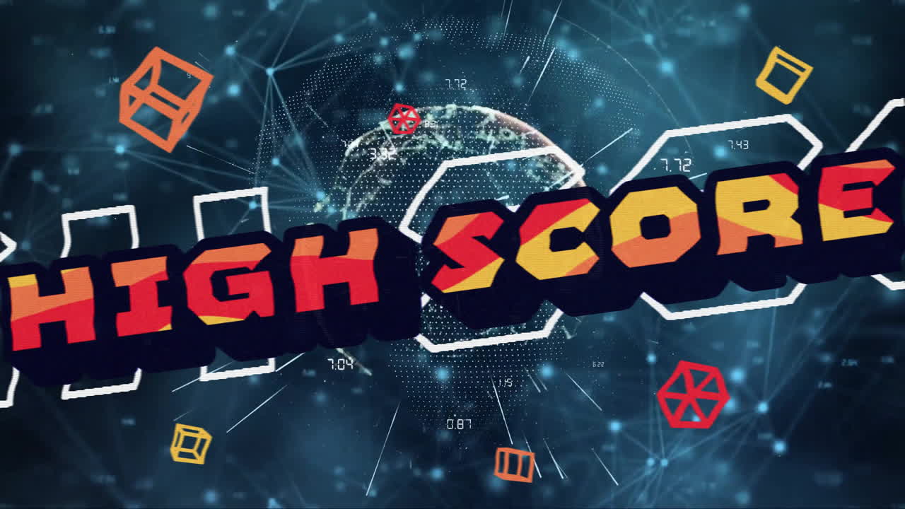 Animation of high score text over neon pattern background