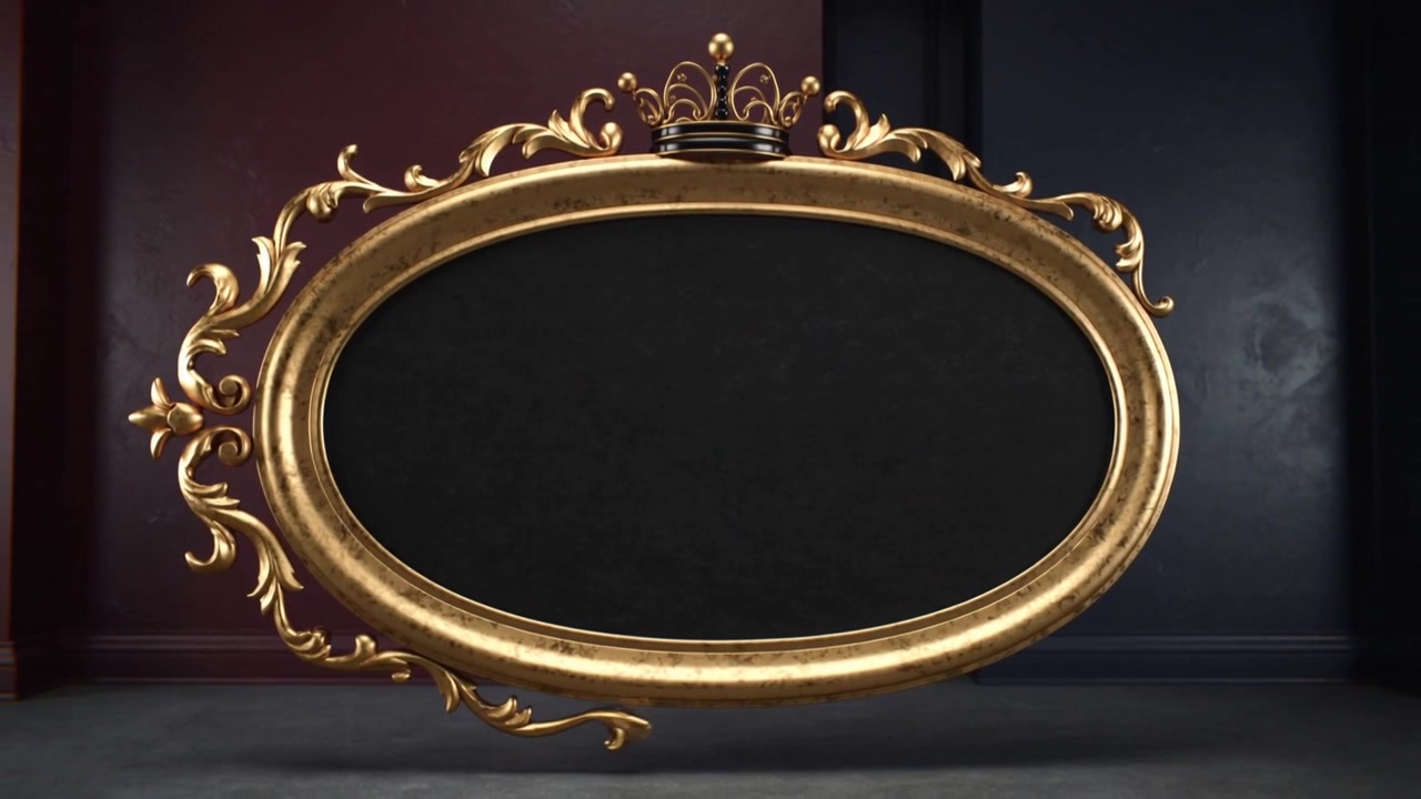 Animating gilded frame crest filigree expanding, centering at gallery, flare revealing black panel