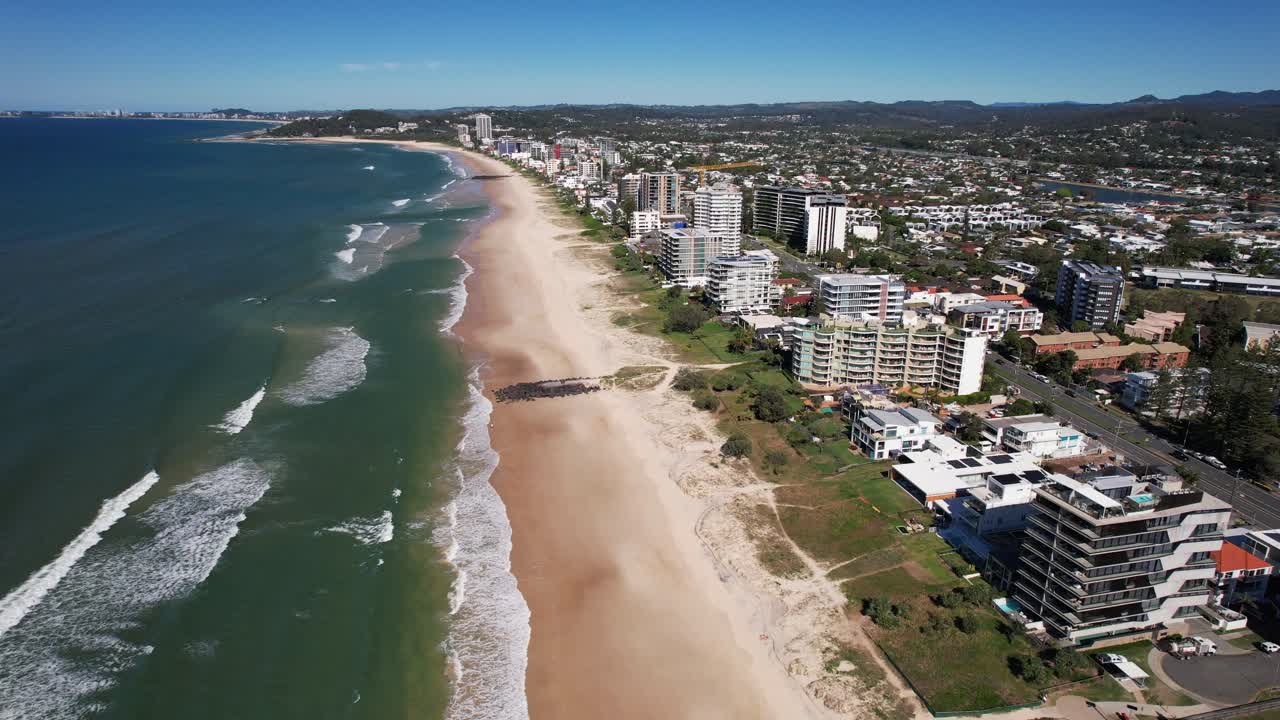 Buildings And Hotels At The Shore Of Palm Beach In Gold Coast, Queensland, Australia - Drone Shot