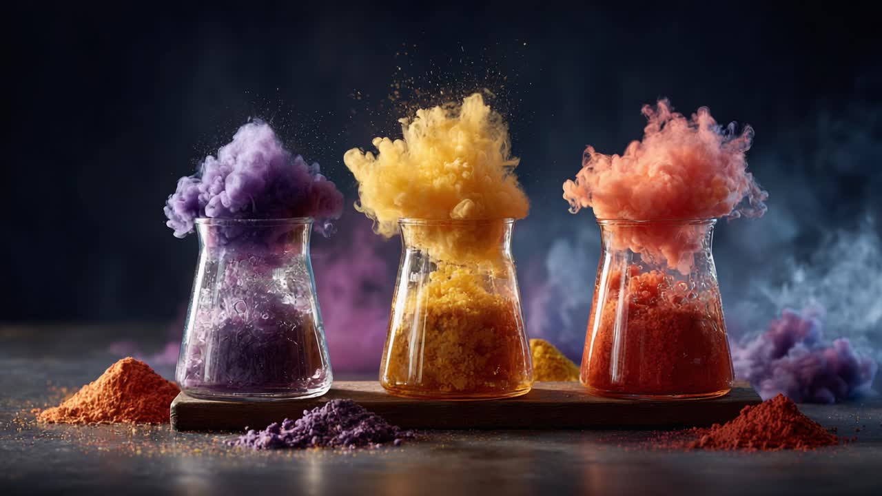 A Stunning Display of Colorful Powders in Glass Containers Creating a Vibrant Explosion of Pigments with Beautiful Wisps of Smoke Filling the Scene