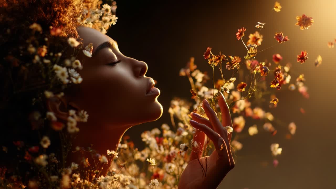 A captivating portrayal of a serene figure surrounded by a cascade of vibrant flowers, embodying the harmony of nature and beauty against a warm, glowing backdrop
