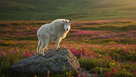 a majestic mountain goat standing proudly on a rock surrounded by vibrant wildflowers during golden hour, showcasing nature's beauty and serenity