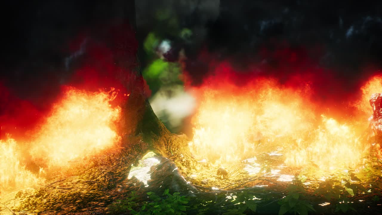 산불 도중 불타는 나무 에 바람 이 불고 있다