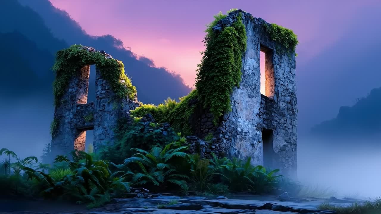 A ruined building with ivy growing on the side of it
