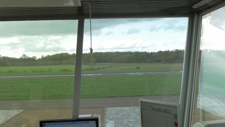 Interior of airport tower with control computers and view to airstrip