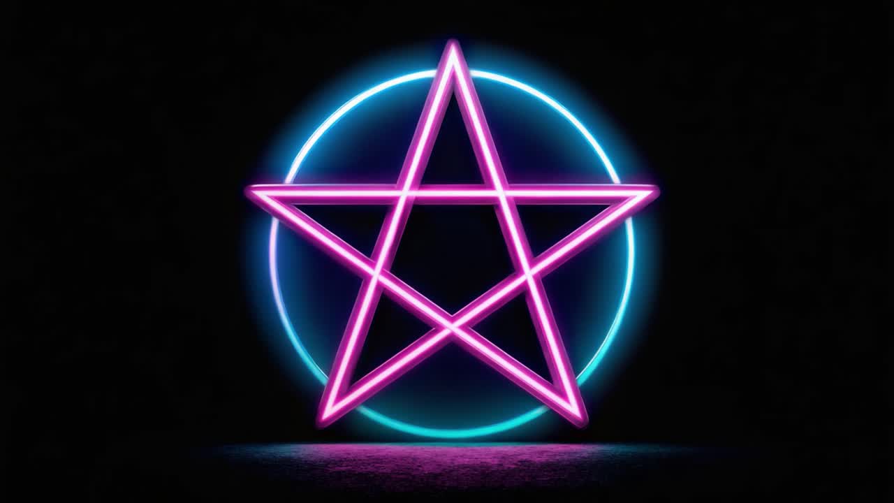 Podmanivý a zářivý neonový pentagram obklopený barevnými světelnými kruhy, vytvářející podmanivý vizuální kontrast na tmavém pozadí, evokující tajemství a intriky.
