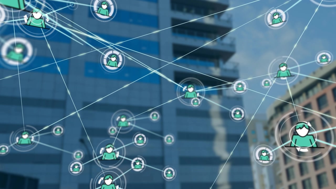 Animation of network of connections with icons over cityscape