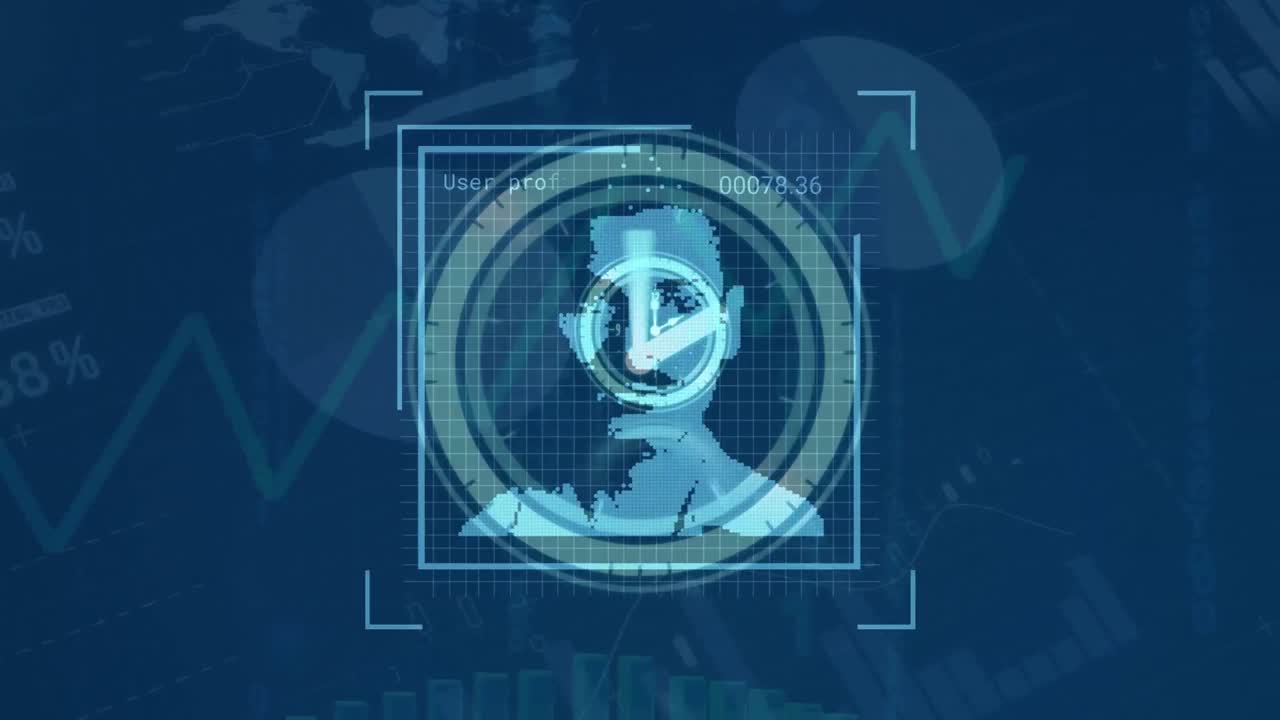 animación del procesamiento de datos con diversas personas iconos sobre el reloj y gráfico en fondo negro