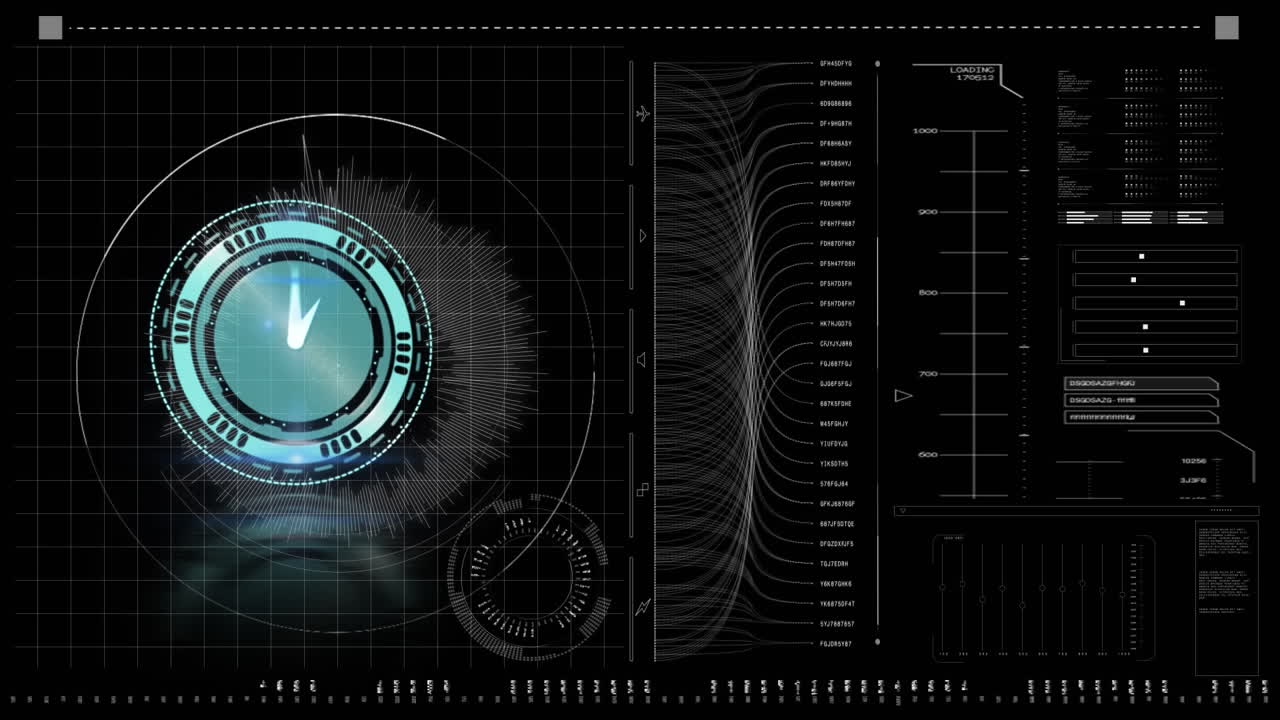 빠르게 움직이는 시계의 애니메이션과 디지털 화면의 데이터 처리