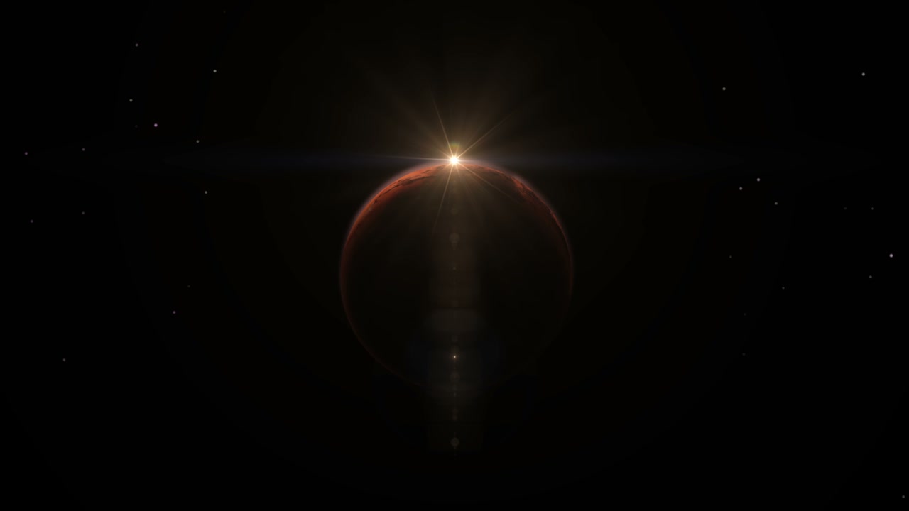 A VFX animation of the Sun casting a lens flare over Mars in deep space