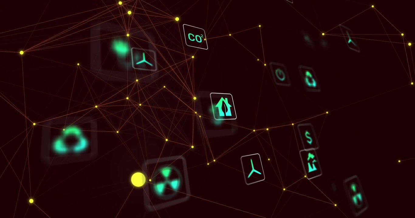 Camera shifting, teal icons cluster drifting into focus, yellow nodes pulsing, showing energy flow