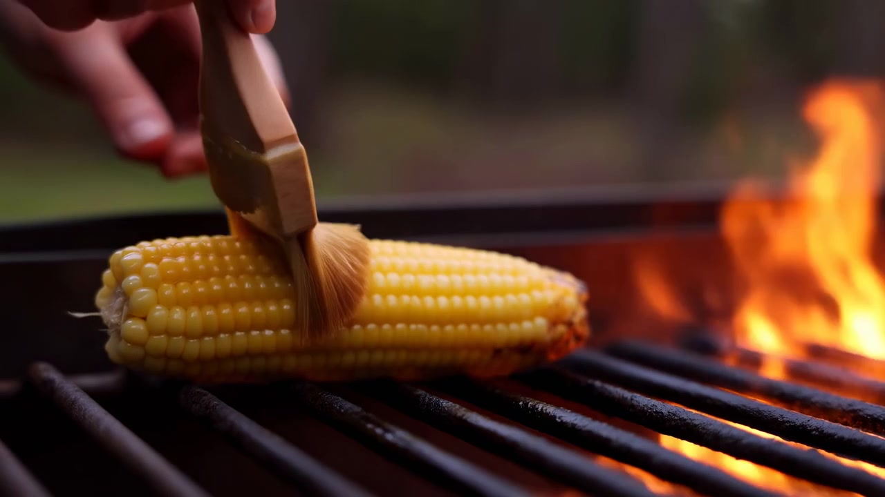 A close-up side view of a hand brushing corn on the cob with butter on a grill, creating an appetizing and casual food preparation scene. The wooden brush handle and metal grill bars add.