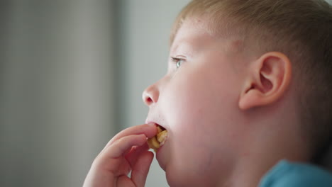 close up of little boy in blue shirt forcing snack into mouth while gazing sideways at someone beside him, showing candid childhood behavior