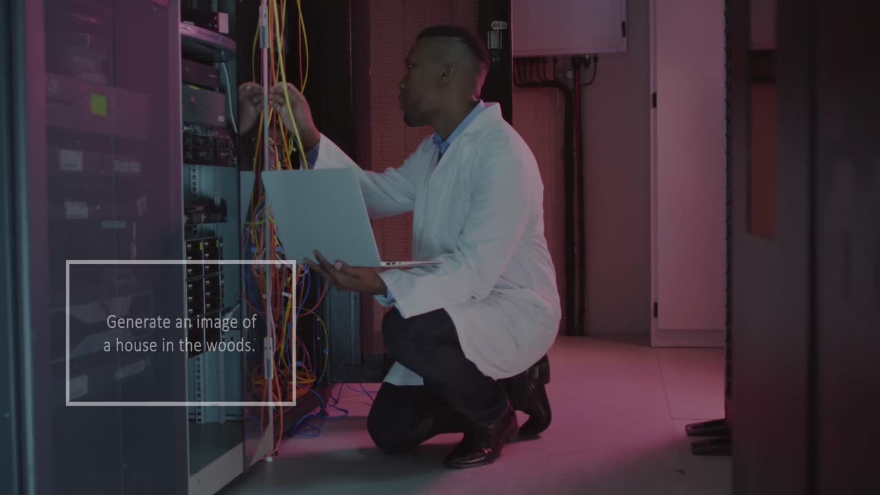 Animation of ai text and male african american it engineer and computer servers