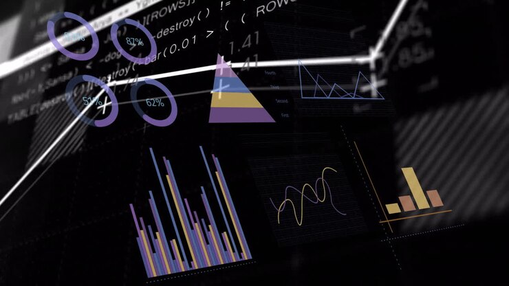 Graphs and charts animation over data processing and coding background