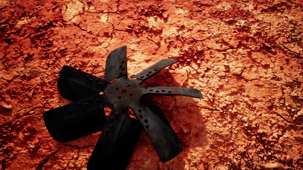 ventilador de metal oxidado en un suelo rojo agrietado