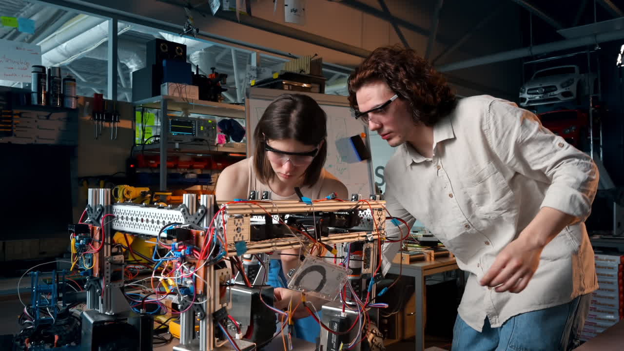 Young man and woman in protective glasses doing experiments in robotics in a laboratory. Robot and tools on the table. Slow motion